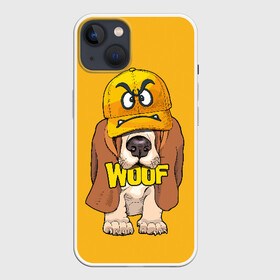 Чехол для iPhone 13 с принтом Woof в Екатеринбурге,  |  | animal | cap | dog | funny | slogan | text | yellow | бассет хаунд | желтый | животное | забавный | кепка | прикольный | слоган | смешной | собака | текст