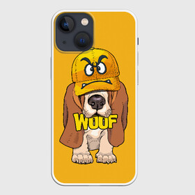 Чехол для iPhone 13 mini с принтом Woof в Екатеринбурге,  |  | Тематика изображения на принте: animal | cap | dog | funny | slogan | text | yellow | бассет хаунд | желтый | животное | забавный | кепка | прикольный | слоган | смешной | собака | текст