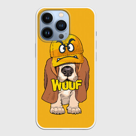 Чехол для iPhone 13 Pro с принтом Woof в Екатеринбурге,  |  | Тематика изображения на принте: animal | cap | dog | funny | slogan | text | yellow | бассет хаунд | желтый | животное | забавный | кепка | прикольный | слоган | смешной | собака | текст