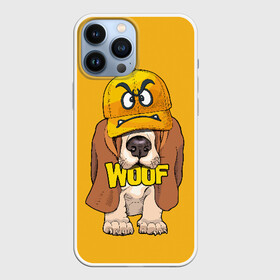 Чехол для iPhone 13 Pro Max с принтом Woof в Екатеринбурге,  |  | animal | cap | dog | funny | slogan | text | yellow | бассет хаунд | желтый | животное | забавный | кепка | прикольный | слоган | смешной | собака | текст