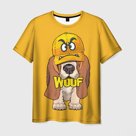 Мужская футболка 3D с принтом Woof в Екатеринбурге, 100% полиэфир | прямой крой, круглый вырез горловины, длина до линии бедер | Тематика изображения на принте: animal | cap | dog | funny | slogan | text | yellow | бассет хаунд | желтый | животное | забавный | кепка | прикольный | слоган | смешной | собака | текст