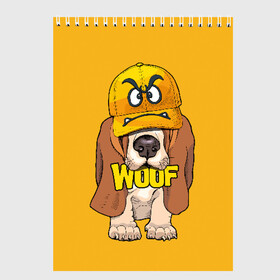 Скетчбук с принтом Woof в Екатеринбурге, 100% бумага
 | 48 листов, плотность листов — 100 г/м2, плотность картонной обложки — 250 г/м2. Листы скреплены сверху удобной пружинной спиралью | Тематика изображения на принте: animal | cap | dog | funny | slogan | text | yellow | бассет хаунд | желтый | животное | забавный | кепка | прикольный | слоган | смешной | собака | текст
