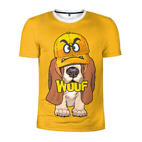 Мужская футболка 3D спортивная с принтом Woof в Екатеринбурге, 100% полиэстер с улучшенными характеристиками | приталенный силуэт, круглая горловина, широкие плечи, сужается к линии бедра | Тематика изображения на принте: animal | cap | dog | funny | slogan | text | yellow | бассет хаунд | желтый | животное | забавный | кепка | прикольный | слоган | смешной | собака | текст