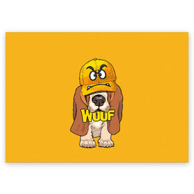Поздравительная открытка с принтом Woof в Екатеринбурге, 100% бумага | плотность бумаги 280 г/м2, матовая, на обратной стороне линовка и место для марки
 | Тематика изображения на принте: animal | cap | dog | funny | slogan | text | yellow | бассет хаунд | желтый | животное | забавный | кепка | прикольный | слоган | смешной | собака | текст