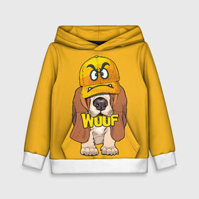 Детская толстовка 3D с принтом Woof в Екатеринбурге, 100% полиэстер | двухслойный капюшон со шнурком для регулировки, мягкие манжеты на рукавах и по низу толстовки, спереди карман-кенгуру с мягким внутренним слоем | animal | cap | dog | funny | slogan | text | yellow | бассет хаунд | желтый | животное | забавный | кепка | прикольный | слоган | смешной | собака | текст