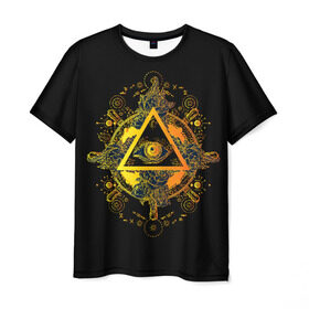 Мужская футболка 3D с принтом Всевидящее око в Екатеринбурге, 100% полиэфир | прямой крой, круглый вырез горловины, длина до линии бедер | black | esoteric | eye | mystic | occult | orange | symbol | triangle | yellow | глаз | желтый | мистика | оккультизм | око | оранжевый | символ | треугольник | черный | эзотерика