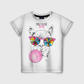 Детская футболка 3D с принтом Because cool в Екатеринбурге, 100% гипоаллергенный полиэфир | прямой крой, круглый вырез горловины, длина до линии бедер, чуть спущенное плечо, ткань немного тянется | Тематика изображения на принте: alpaca | animal | chewing | cool | funny | gum | head | llama | muzzle | puffed up | rainbow | альпака | голова | жевательная | животное | забавный | лама | надутая | очки | прикольный | радужные | резинка | смешная