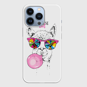 Чехол для iPhone 13 Pro с принтом Because cool в Екатеринбурге,  |  | Тематика изображения на принте: alpaca | animal | chewing | cool | funny | gum | head | llama | muzzle | puffed up | rainbow | альпака | голова | жевательная | животное | забавный | лама | надутая | очки | прикольный | радужные | резинка | смешная