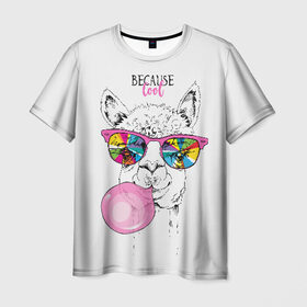 Мужская футболка 3D с принтом Because cool в Екатеринбурге, 100% полиэфир | прямой крой, круглый вырез горловины, длина до линии бедер | alpaca | animal | chewing | cool | funny | gum | head | llama | muzzle | puffed up | rainbow | альпака | голова | жевательная | животное | забавный | лама | надутая | очки | прикольный | радужные | резинка | смешная