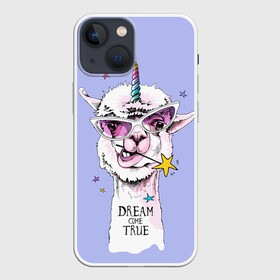 Чехол для iPhone 13 mini с принтом Dream come true в Екатеринбурге,  |  | Тематика изображения на принте: alpaca | animal | carnival | dream came true | funny | horn | llama | rainbow | slogan | star | unicorn | альпака | единорог | животное | звезда | карнавал | лама | мечта сбылась | очки | прикольный | радуга | рог | слоган