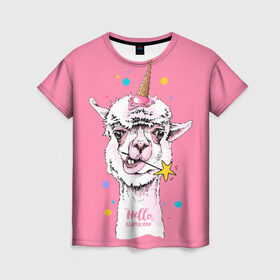 Женская футболка 3D с принтом Hello llamacorn в Екатеринбурге, 100% полиэфир ( синтетическое хлопкоподобное полотно) | прямой крой, круглый вырез горловины, длина до линии бедер | Тематика изображения на принте: alpaca | animal | carnival | cool | cup | head | horn | ice cream | llama | look | pink | slogan | star | unicorn | waffle | альпака | вафельный | взгляд | голова | единорог | животное | звезда | карнавал | лама | мороженое | привет | прикольный | р