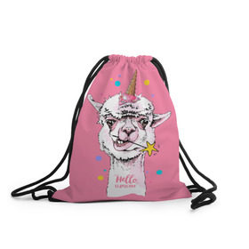 Рюкзак-мешок 3D с принтом Hello llamacorn в Екатеринбурге, 100% полиэстер | плотность ткани — 200 г/м2, размер — 35 х 45 см; лямки — толстые шнурки, застежка на шнуровке, без карманов и подкладки | Тематика изображения на принте: alpaca | animal | carnival | cool | cup | head | horn | ice cream | llama | look | pink | slogan | star | unicorn | waffle | альпака | вафельный | взгляд | голова | единорог | животное | звезда | карнавал | лама | мороженое | привет | прикольный | р
