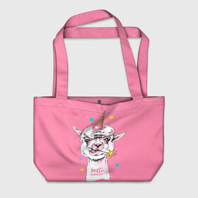 Пляжная сумка 3D с принтом Hello llamacorn  в Екатеринбурге, 100% полиэстер | застегивается на металлическую кнопку; внутренний карман застегивается на молнию. Стенки укреплены специальным мягким материалом, чтобы защитить содержимое от несильных ударов
 | alpaca | animal | carnival | cool | cup | head | horn | ice cream | llama | look | pink | slogan | star | unicorn | waffle | альпака | вафельный | взгляд | голова | единорог | животное | звезда | карнавал | лама | мороженое | привет | прикольный | р