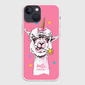 Чехол для iPhone 13 mini с принтом Hello llamacorn в Екатеринбурге,  |  | alpaca | animal | carnival | cool | cup | head | horn | ice cream | llama | look | pink | slogan | star | unicorn | waffle | альпака | вафельный | взгляд | голова | единорог | животное | звезда | карнавал | лама | мороженое | привет | прикольный | р