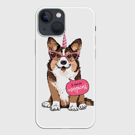 Чехол для iPhone 13 mini с принтом I am so magical в Екатеринбурге,  |  | animal | breed | dog | funny | horn | im so | inscription | look | magic | masquerade | pink | smile | unicorn | вельш корги кардиган | взгляд | единорог | животное | забавный | магия | маскарад | надпись | очки | порода | прикольный | рог