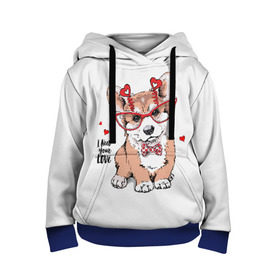 Детская толстовка 3D с принтом I need your love в Екатеринбурге, 100% полиэстер | двухслойный капюшон со шнурком для регулировки, мягкие манжеты на рукавах и по низу толстовки, спереди карман-кенгуру с мягким внутренним слоем | animal | bow | bow tie | breed | cute | dog | funny | hearts | i need your love | polka dot | puppy | red | the inscription | white | бант | белый | вельш корги пемброк | галстук бабочка | горошек | животное | забавный | красный | любовь | милый | м