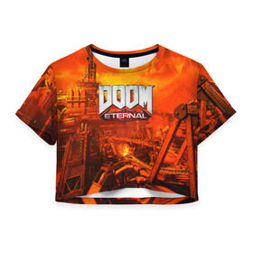 Женская футболка Cropp-top с принтом DOOM ETERNAL в Екатеринбурге, 100% полиэстер | круглая горловина, длина футболки до линии талии, рукава с отворотами | 