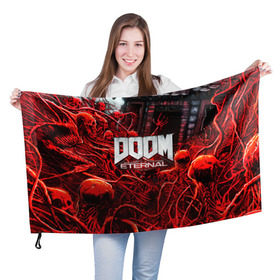 Флаг 3D с принтом DOOM ETERNAL в Екатеринбурге, 100% полиэстер | плотность ткани — 95 г/м2, размер — 67 х 109 см. Принт наносится с одной стороны | Тематика изображения на принте: doom | doom eternal | game | дум