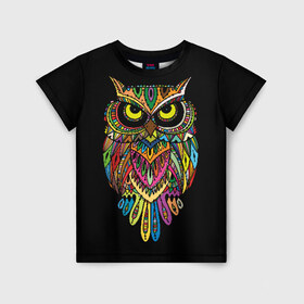 Детская футболка 3D с принтом Сова в Екатеринбурге, 100% гипоаллергенный полиэфир | прямой крой, круглый вырез горловины, длина до линии бедер, чуть спущенное плечо, ткань немного тянется | art | background | big | bird | black | drawing | eyes | multicolored | owl | sight | symbol | wisdom | большие | взгляд | глаза | искусство | мудрость | птица | разноцветный | рисунок | символ | сова | филин | фон | черный