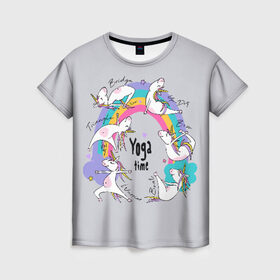 Женская футболка 3D с принтом Yoga time в Екатеринбурге, 100% полиэфир ( синтетическое хлопкоподобное полотно) | прямой крой, круглый вырез горловины, длина до линии бедер | Тематика изображения на принте: animal | asana | boat | bow | children | drawing | funny | hearts | horses | inscriptio | om | rainbow | stars | triangle | unicorns | warrior | yoga | zen | асана | воин | детский | дзен | животное | забавный | звезды | йога | лодка | лошади | лук | мост