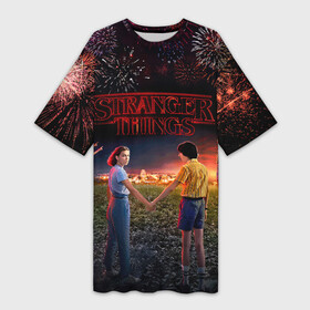 Платье-футболка 3D с принтом STRANGER THINGS в Екатеринбурге,  |  | Тематика изображения на принте: 011 | down | eleven | netflix | season | series | strange | stranger | things | upside | дела | дина | загадочные | монстр | монстры | одиннадцать | очень | сезон | сериал | сериалы | события | странные | ужасы