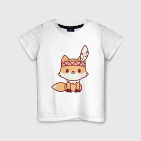 Детская футболка хлопок с принтом Лисенок индеец в Екатеринбурге, 100% хлопок | круглый вырез горловины, полуприлегающий силуэт, длина до линии бедер | fox | лис | лиса | лисенок | лисица | милая | пушистик | рыжая