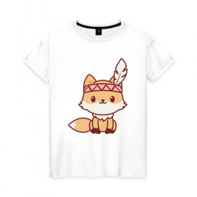 Женская футболка хлопок с принтом Лисенок индеец в Екатеринбурге, 100% хлопок | прямой крой, круглый вырез горловины, длина до линии бедер, слегка спущенное плечо | fox | лис | лиса | лисенок | лисица | милая | пушистик | рыжая
