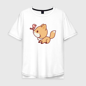 Мужская футболка хлопок Oversize с принтом Лисенок с птичкой на носу в Екатеринбурге, 100% хлопок | свободный крой, круглый ворот, “спинка” длиннее передней части | fox | лис | лиса | лисенок | лисица | милая | пушистик | рыжая