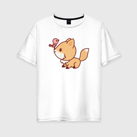 Женская футболка хлопок Oversize с принтом Лисенок с птичкой на носу в Екатеринбурге, 100% хлопок | свободный крой, круглый ворот, спущенный рукав, длина до линии бедер
 | fox | лис | лиса | лисенок | лисица | милая | пушистик | рыжая
