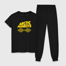 Женская пижама хлопок с принтом ARCTIC MONKEYS в Екатеринбурге, 100% хлопок | брюки и футболка прямого кроя, без карманов, на брюках мягкая резинка на поясе и по низу штанин | arctic monkeys | арктик манкис | арктические мартышки