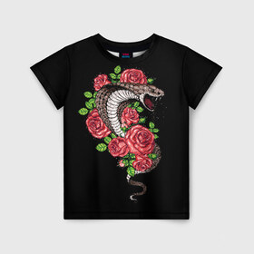 Детская футболка 3D с принтом Кобра в Екатеринбурге, 100% гипоаллергенный полиэфир | прямой крой, круглый вырез горловины, длина до линии бедер, чуть спущенное плечо, ткань немного тянется | amphibian | animal | cobra | fangs | poison | red | roses | scales | snake | животное | земноводное | змея | клыки | кобра | красные | розы | чешуя | яд