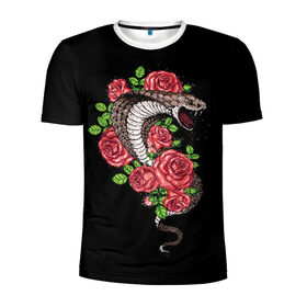 Мужская футболка 3D спортивная с принтом Кобра в Екатеринбурге, 100% полиэстер с улучшенными характеристиками | приталенный силуэт, круглая горловина, широкие плечи, сужается к линии бедра | Тематика изображения на принте: amphibian | animal | cobra | fangs | poison | red | roses | scales | snake | животное | земноводное | змея | клыки | кобра | красные | розы | чешуя | яд