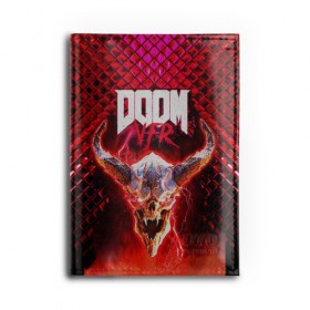 Обложка для автодокументов с принтом Doom Enternal в Екатеринбурге, натуральная кожа |  размер 19,9*13 см; внутри 4 больших “конверта” для документов и один маленький отдел — туда идеально встанут права | 3d | doom enternal | игра | компьютерная | логотип | планета | темный | шутер