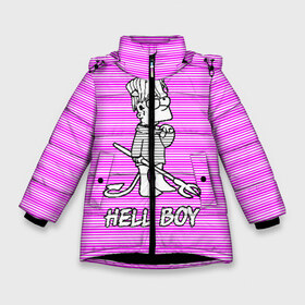 Зимняя куртка для девочек 3D с принтом Lil Peep (Hell Boy) в Екатеринбурге, ткань верха — 100% полиэстер; подклад — 100% полиэстер, утеплитель — 100% полиэстер. | длина ниже бедра, удлиненная спинка, воротник стойка и отстегивающийся капюшон. Есть боковые карманы с листочкой на кнопках, утяжки по низу изделия и внутренний карман на молнии. 

Предусмотрены светоотражающий принт на спинке, радужный светоотражающий элемент на пуллере молнии и на резинке для утяжки. | Тематика изображения на принте: alone | boy | hell | hell boy | lil | lil peep | peep | rap | sad | лил пип | маленький пип | пип | реп | рэп