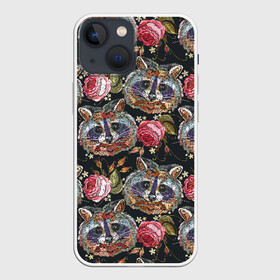 Чехол для iPhone 13 mini с принтом Еноты в Екатеринбурге,  |  | animals | art | drawing | embroidery | flower | raccoons | rose | touches | wild | вышивка | дикие | еноты | животные | звери | искусство | рисунок | роза | цветок | штрихи