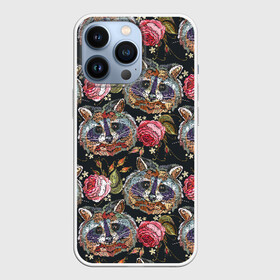 Чехол для iPhone 13 Pro с принтом Еноты в Екатеринбурге,  |  | animals | art | drawing | embroidery | flower | raccoons | rose | touches | wild | вышивка | дикие | еноты | животные | звери | искусство | рисунок | роза | цветок | штрихи