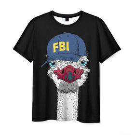 Мужская футболка 3D с принтом FBI в Екатеринбурге, 100% полиэфир | прямой крой, круглый вырез горловины, длина до линии бедер | beak | bird | blue | cap | fbi | funny | head | inscription | long | neck | ostrich | red | весёлый | голова | длинная | кепка | клюв | красный | надпись | птица | синяя | смешной | страус | фбр | шея