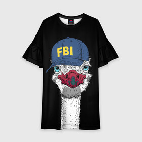 Детское платье 3D с принтом FBI в Екатеринбурге, 100% полиэстер | прямой силуэт, чуть расширенный к низу. Круглая горловина, на рукавах — воланы | beak | bird | blue | cap | fbi | funny | head | inscription | long | neck | ostrich | red | весёлый | голова | длинная | кепка | клюв | красный | надпись | птица | синяя | смешной | страус | фбр | шея