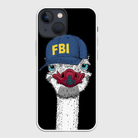 Чехол для iPhone 13 mini с принтом FBI в Екатеринбурге,  |  | beak | bird | blue | cap | fbi | funny | head | inscription | long | neck | ostrich | red | весёлый | голова | длинная | кепка | клюв | красный | надпись | птица | синяя | смешной | страус | фбр | шея