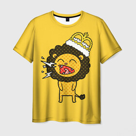 Мужская футболка 3D с принтом Лев в Екатеринбурге, 100% полиэфир | прямой крой, круглый вырез горловины, длина до линии бедер | Тематика изображения на принте: animal | beast | childish | crown | drawing | funny | king | lion | mane | screaming | yellow | грива | детский | желтый | животное | зверь | корона | кричит | лев | рисунок | смешной | царь