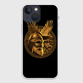 Чехол для iPhone 13 mini с принтом Один в Екатеринбурге,  |  | beard | celtic | emblem | face | golden | helmet | myth | one | ornament | raven | runes | sword | viking | warrior | борода | викинг | воин | ворон | золотой | кельтский | лицо | меч | миф | один | орнамент | руны | шлем | эмблема