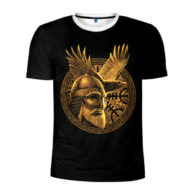 Мужская футболка 3D спортивная с принтом Один в Екатеринбурге, 100% полиэстер с улучшенными характеристиками | приталенный силуэт, круглая горловина, широкие плечи, сужается к линии бедра | beard | celtic | emblem | face | golden | helmet | myth | one | ornament | raven | runes | sword | viking | warrior | борода | викинг | воин | ворон | золотой | кельтский | лицо | меч | миф | один | орнамент | руны | шлем | эмблема