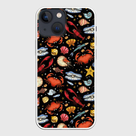 Чехол для iPhone 13 mini с принтом Морские обитатели в Екатеринбурге,  |  | children | crabs | crayfish | drawing | fish | funny | inhabitants | ocean | pearls | sea | shellfish | shells | shrimps | весёлый | детский | жемчуг | крабы | креветки | моллюски | море | морские | обитатели | океан | раки | ракушки | рисунок | рыбы