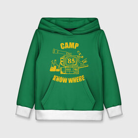 Детская толстовка 3D с принтом CAMP KNOW WHERE в Екатеринбурге, 100% полиэстер | двухслойный капюшон со шнурком для регулировки, мягкие манжеты на рукавах и по низу толстовки, спереди карман-кенгуру с мягким внутренним слоем | 80 е | 85 | camp know where | camp nowhere | dustin | netflix | stranger things | дастин | кепка дастина | нетфликс | очень странные дела