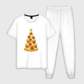 Мужская пижама хлопок с принтом Пиццеёлка в Екатеринбурге, 100% хлопок | брюки и футболка прямого кроя, без карманов, на брюках мягкая резинка на поясе и по низу штанин
 | bird born | арт | веселье | еда | ёлка | иллюстратор | иллюстрация | новый год | пепперони | пицца | радость | рисунок | юмор