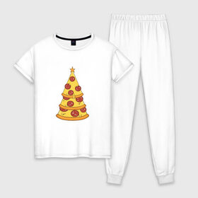 Женская пижама хлопок с принтом Пиццеёлка в Екатеринбурге, 100% хлопок | брюки и футболка прямого кроя, без карманов, на брюках мягкая резинка на поясе и по низу штанин | bird born | арт | веселье | еда | ёлка | иллюстратор | иллюстрация | новый год | пепперони | пицца | радость | рисунок | юмор