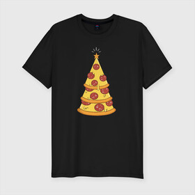 Мужская футболка премиум с принтом Пиццеёлка в Екатеринбурге, 92% хлопок, 8% лайкра | приталенный силуэт, круглый вырез ворота, длина до линии бедра, короткий рукав | bird born | арт | веселье | еда | ёлка | иллюстратор | иллюстрация | новый год | пепперони | пицца | радость | рисунок | юмор