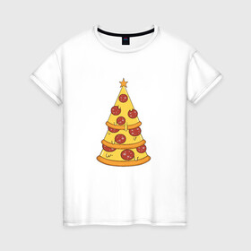 Женская футболка хлопок с принтом Пиццеёлка в Екатеринбурге, 100% хлопок | прямой крой, круглый вырез горловины, длина до линии бедер, слегка спущенное плечо | bird born | арт | веселье | еда | ёлка | иллюстратор | иллюстрация | новый год | пепперони | пицца | радость | рисунок | юмор