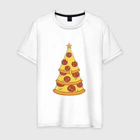 Мужская футболка хлопок с принтом Пиццеёлка в Екатеринбурге, 100% хлопок | прямой крой, круглый вырез горловины, длина до линии бедер, слегка спущенное плечо. | bird born | арт | веселье | еда | ёлка | иллюстратор | иллюстрация | новый год | пепперони | пицца | радость | рисунок | юмор
