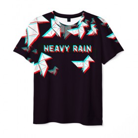 Мужская футболка 3D с принтом Heavy Rain (Glitch). в Екатеринбурге, 100% полиэфир | прямой крой, круглый вырез горловины, длина до линии бедер | Тематика изображения на принте: 3d | game | glitch | heavy rain | геометрия | глитч | игра | надпись | оригами | хеви рейн
